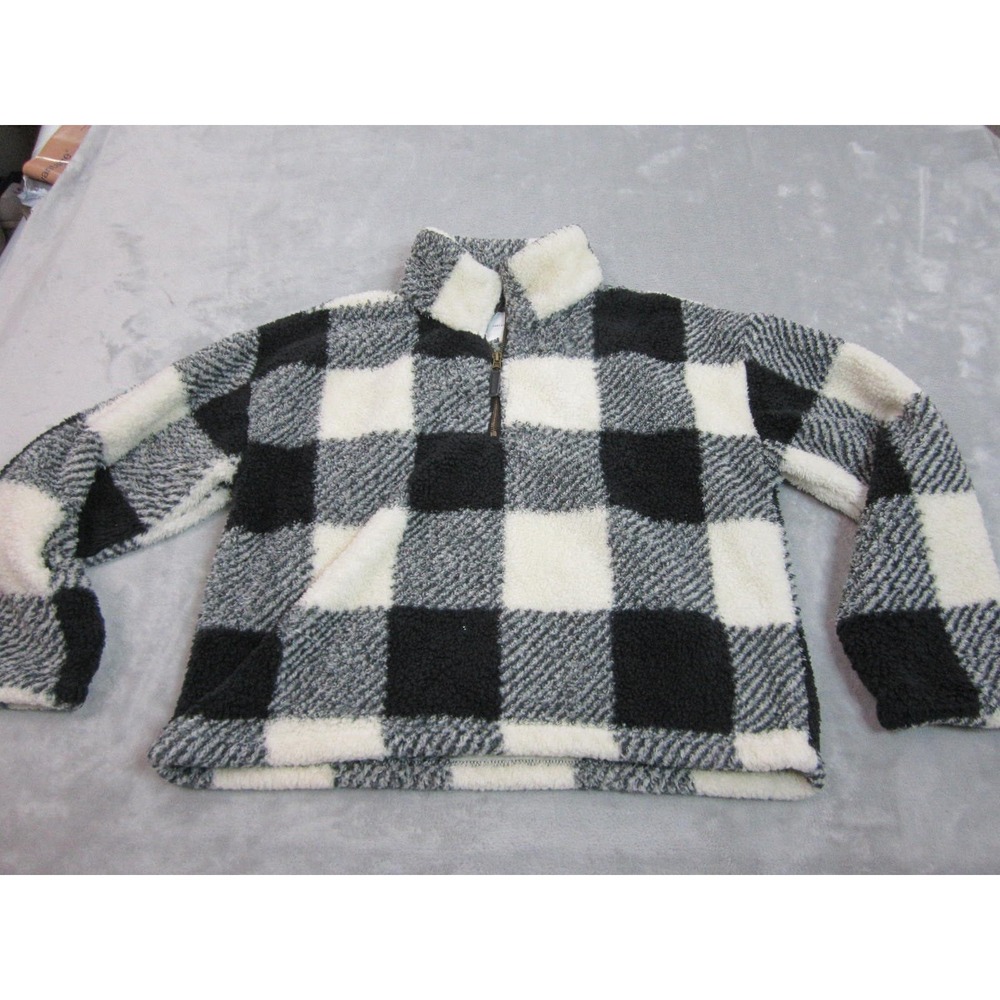 Thread & Supply Fleece Pullover Womens S Black White Plaid Quarter Zip